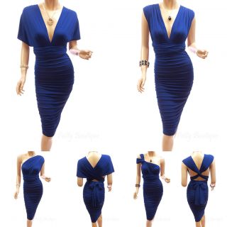 Unique Convertible Blue V Neck / One Shoulder Ruched Evening Dress, L