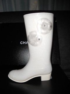 CHANEL Camellia Flower Rainboot Rain Boots Sparkle White 40 / 10