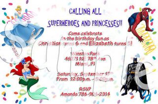 Mix Cinderella Ariel Spiderman Batman Custom Birthday Invitations With 