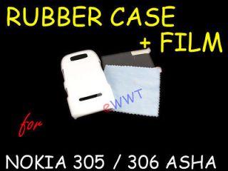 White Rubber Rubberized Back Cover Hard Case+Film for Nokia 305 306 