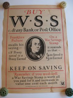 Original Vintage WWI Poster Ben Franklin WSS War Savings Stamp Free 
