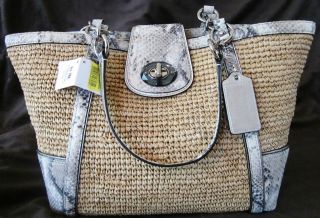   19359 HAMPTONS WEEKEND PYTHON LEATHER NATURAL STRAW TOTE $398 NWT