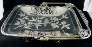 PIERCED BIRD & APPLE BLOSSOM BRIDES BASKET SILVERPLATED BY MERIDEN B 