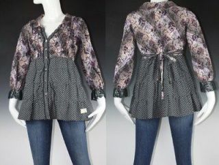 NEW ODD MOLLY 451 CHEQUE 3/4 LACE SLEEVE SMOCKED RUFFLE TUNIC TOP GREY 
