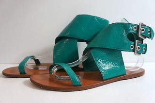 PATRIZIA PEPE Designer Green Leather Wrap Ankle Silver Buckle Sandals 