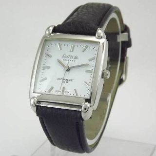 Activa Square Silver Tone White Dial Black Leather Strap Watch New 