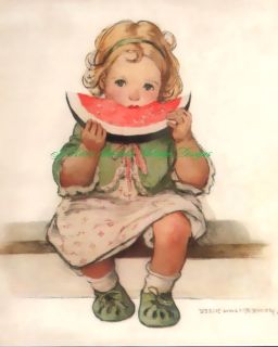 Adorable Little Girl Eating Watermelon Vintage Repro Fabric Block 5x7