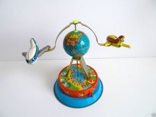 Airplane Wind Up Tin Toy Spaceage Carnival Ride Great Vintage Replica 