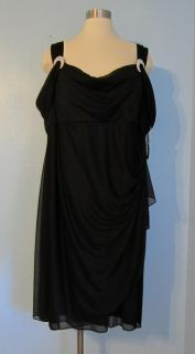 24W Alex Evenings Black Cocktail Dress Mesh Over Lay Crescent Brooches 