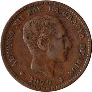 1879 OM Spain 5 Centimos Coin Alfonso XII KM 674