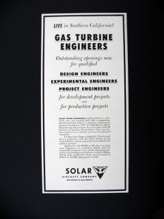 Solar Aircraft Gas Turbine Engineers Careers Jobs 1956 print Ad 