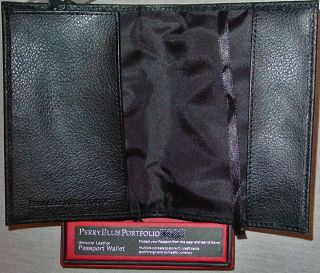 Perry Ellis Black Grain Genuine Leather Portfolio Passport Wallet 