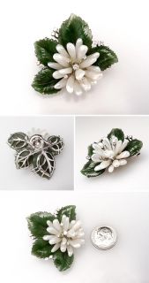 Robert Altman Pearl Nephrite Jade & Diamond Flower Brooch 14K White 