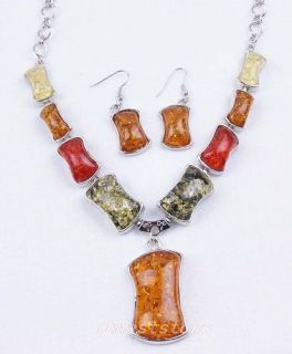   Plated Bone Shape Amber Necklace Earrings Jewelry Set BF A1131