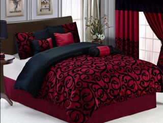 19 PC Burgundy Black Comforter Curtain Sheet Set Queen Size New Bed in 