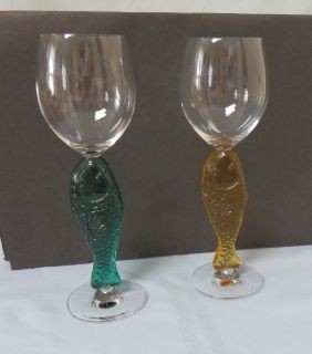   Zwiesel fish figurine crystal stemware wine goblet glasses amber green