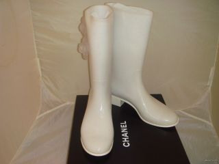 Authentic Chanel White Glitter Rubber Rain Boots Camelia CC Logo Size 
