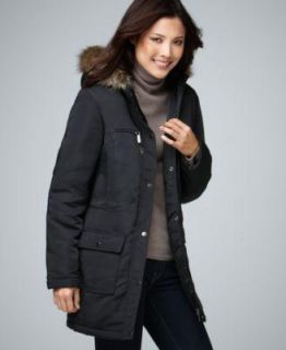 Style Co Anorak Jacket Black Coat Faux Fur Trim Coat Zip Upper Pocket 