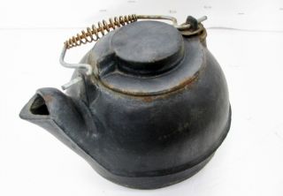 Antique Cast Iron Tea Kettle Coil Handle Sliding Lid