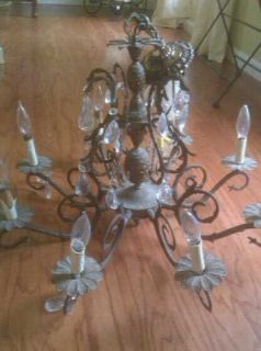 Antique Vintage Pineapple Brass 8 Arm Chandelier with Crystal Drops 