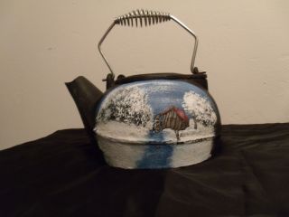 Antique Cast Iron Tea Kettle with Painting