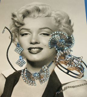 Vintage CORO Set Blue Rhinestone Necklace Bracelet Brooch and Clip On 