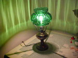 Vintage Antique Brass Student Lamp with Beautiful Green Glass Shade 