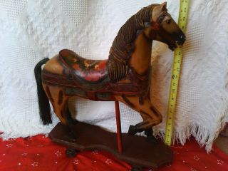 Antique Carousel Style Wooden Horse Pull Toy Cast Iron Wheels Piece Of 