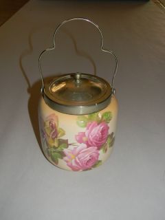 Antique Milk Glass Silver Plate Lid Handle Cookie Biscuit Jar Roses 