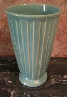 Vintage Weller Pottery Aqua Marine Green 10 Vase Ribbed Art Deco 