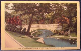 Deerings Oaks Arch Bridge Portland Maine Linen Postcard