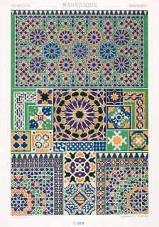 1875 Chromolithograph Moorish Geometric Pattern Mosaic Islamic Design 