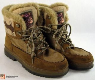 ARAPAHO Buffy Leather Fur Boots Brown Suede w Embroidery Sz 6 5 Indian 