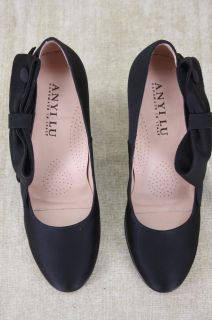 NEW ANYI LU Glamour Black satin heels pumps Shoes 37/ 6.5 $395 Bow NIB