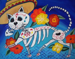 Print Folk Art Mexican Day of The Dead Cat Kitty Skeleton Painting 