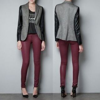 New Womens European Fashion Faux Leather Splice Slim Wool Blazer 