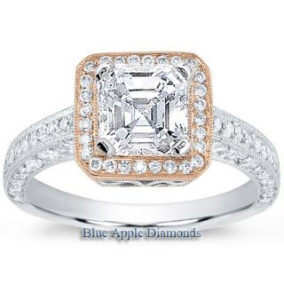 85CARATS Asscher Cut Diamond Engagement Ring with Rose Gold Halo EGL 