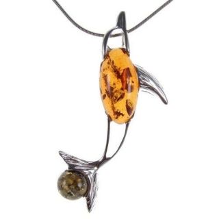 BALTIC AMBER STERLING SILVER 925 DOLPHIN ANIMAL PENDANT NECKLACE CHAIN 