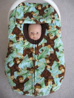  CUTE MONKEYS DOUBLE FLEECE INFANT BABY CAR SEAT COVER WITH FULL ZIPPER