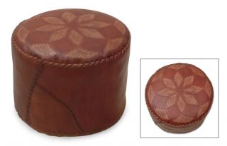   Hand Tooled Embossed Leather Ottoman Footstool Artisan Crafted