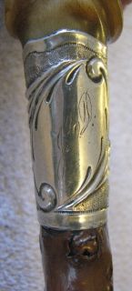 Carved Horn Sterling Silver Repousse Scarred Natural Branch Cane 