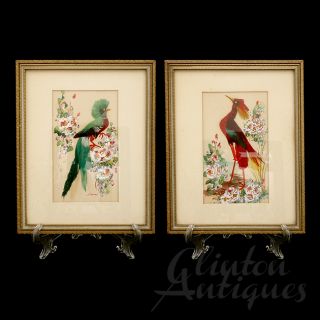 Pair of Glenn F. Bastian Feather Bird Gouaches Folk Art Watercolor 