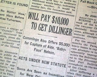 1934 Newspaper John Dillinger Baby Face Nelson Reward Declare Public 