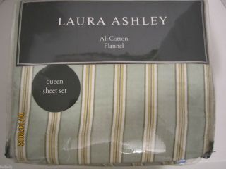 Laura Ashley Queen Sheet Set Aspin Stripe Mint All Cotton Flannel RARE 