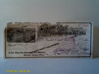 Vintage 1906 Battle Creek Mich Sanitarium Bank Check owned by a 