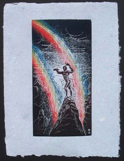 Original Color Woodcut Male Surreal SW Storm Rainbow Le