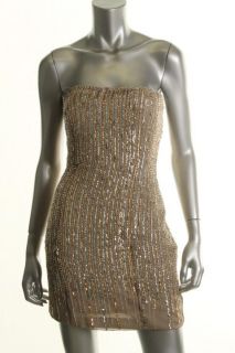 Basix New Taupe Silk Sequined Padded Bust Strapless Mini Cocktail 