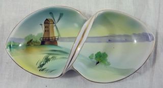Nippon Candy Dish Double Side W Handle Scene Hand Painted Windmill
