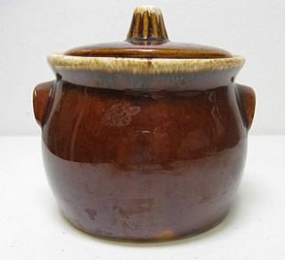   Mirror Brown Ware Drip Glaze Individual Bean Pot w Cover 13oz