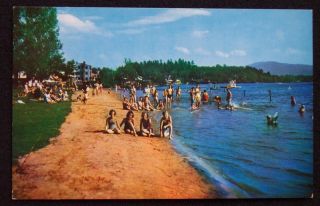 1950s Municipal Bathing Beach Swimmers Saranac Lake NY